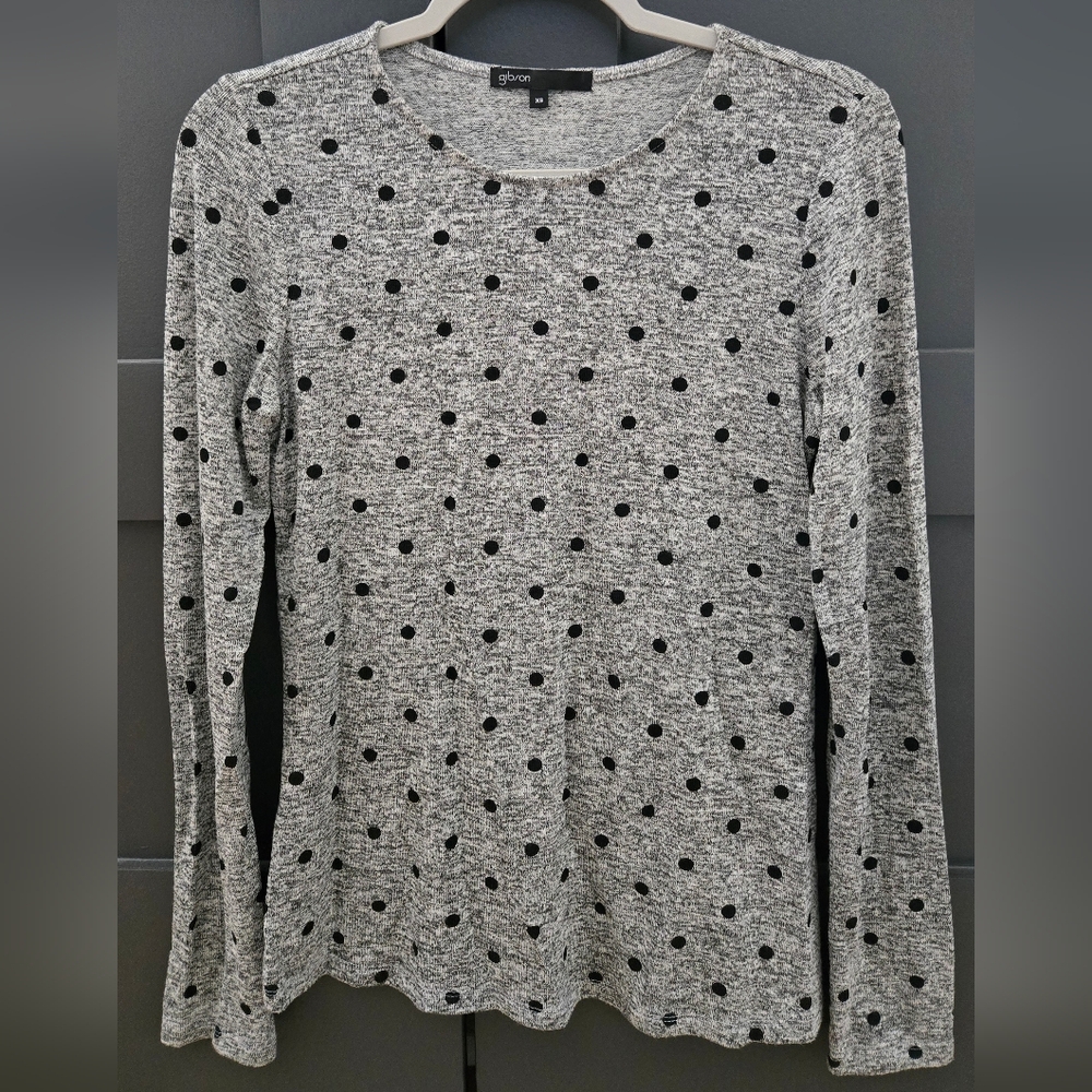Gibson Soft Gray & Black Polka Dot Sweater
